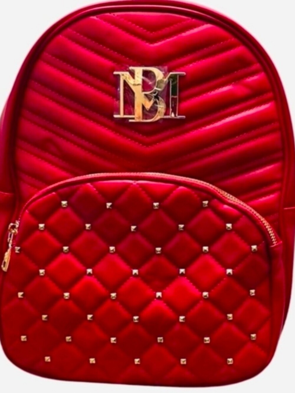 Badgley Mischka Red Studded Vegan Leather Quilted Backpack with gold details NWT